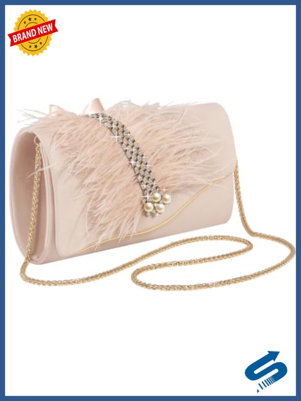 Faux Suede Envelope Clutch with Faux Feather and Rhinestone Pearl Crossbody